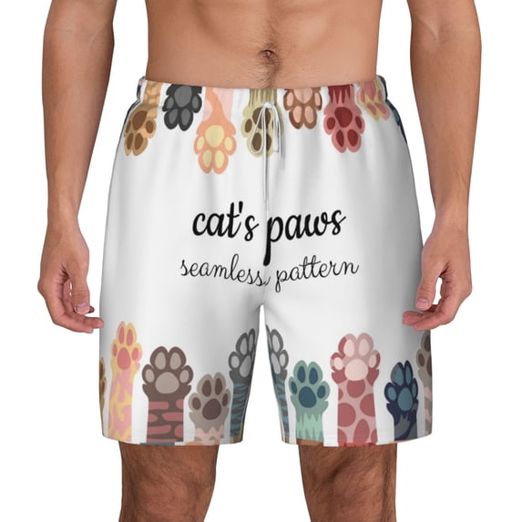 Kdxio Cat Paws Print Men'S Swim Trunks With Compression Liner 7 Inch Inseam Quick Dry Swim Shorts