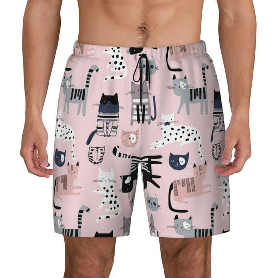 Kdxio Cat Print Men's Swim Trunks with Compression Liner 7 Inch Inseam Quick Dry Swim Shorts