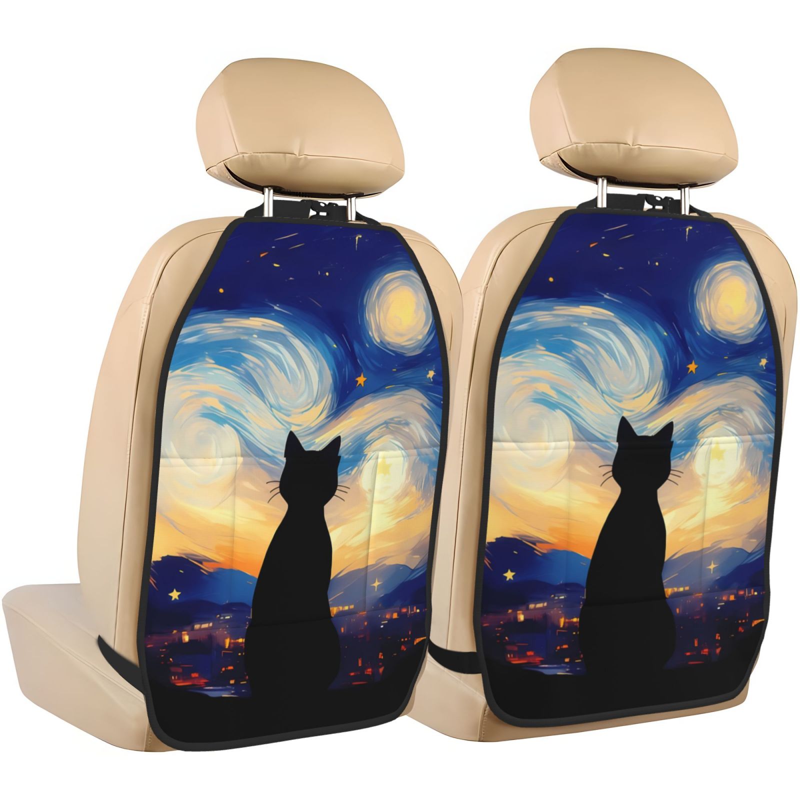 Kdxio Cat Under Starry Skies Print 2 Pack Car Kick Mat Seat Cover Back Protector Mat with Pockets for Organizer Backseat Protector and Storage Anti Kick Pad for Vehicles