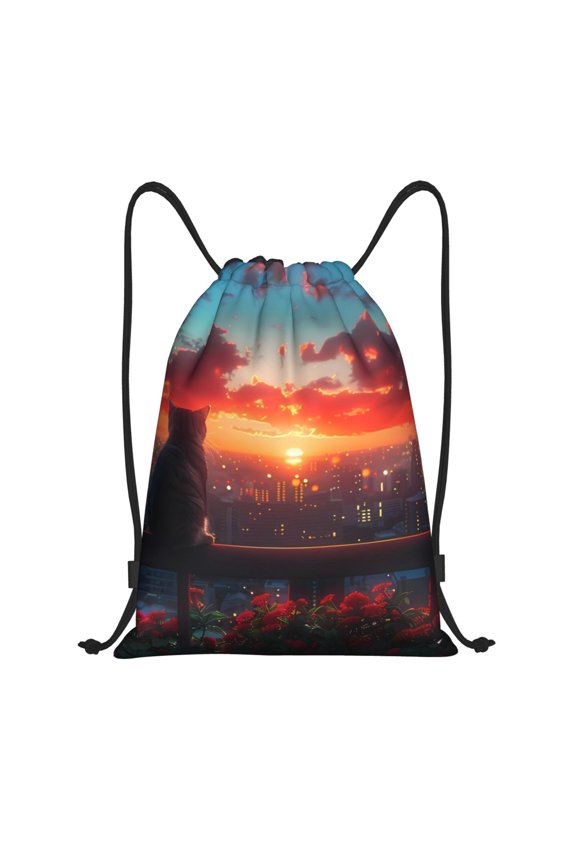 Cat Watching City Sunset Print Drawstring Backpack Bag,Waterproof Draw String Back Sack, Gym Drawstring Bags Swim Bag For Unisex