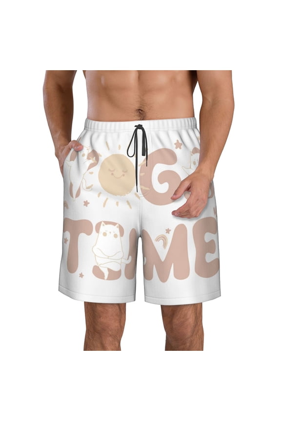 Cat Yoga Time Pattern Mens Casual Shorts - Drawstring Summer Beach Sports Shorts for Men