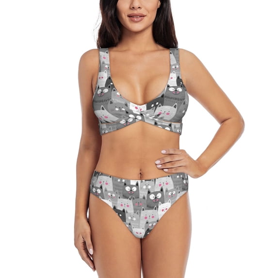 Kdxio Cats Group Print Women's 2 Piece High Waisted Wrap Spaghetti Strap Summer Swimsuit Bikini Set-Medium