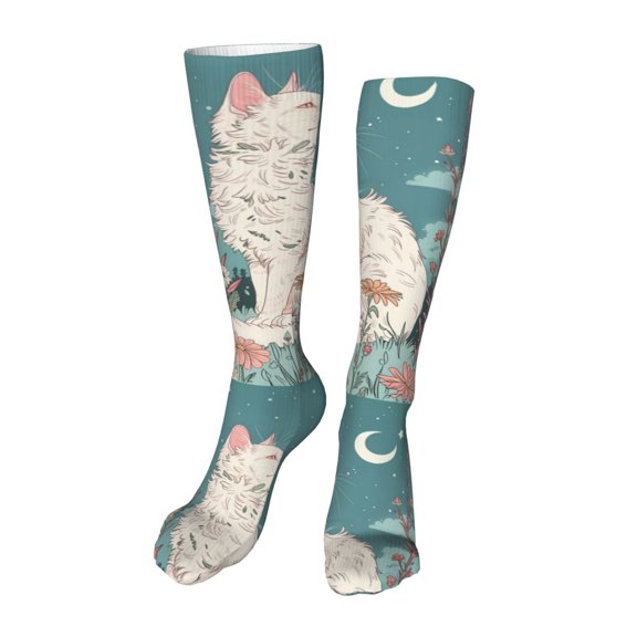 Kdxio Celestial Cat And Flowers Funny Silky Novelty Funky Long Knee High Socks Soft 3D Print Cosplay Crazy Stockings for Men Women