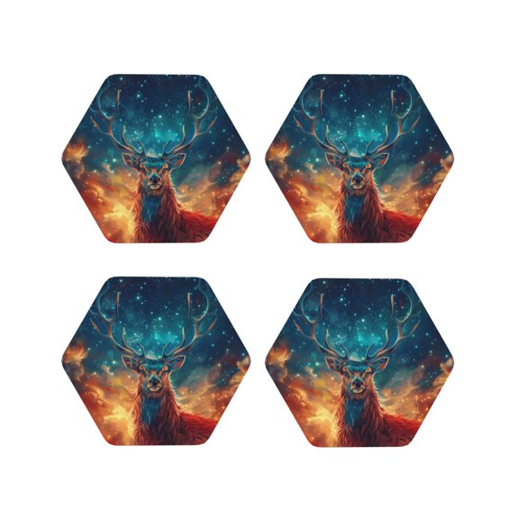 Kdxio Celestial Stag Cosmic Glow Funny Coasters,4 Pcs Leather Coasters,Housewarming Gifts,Protect Furniture from Water Marks Scratch and Damage