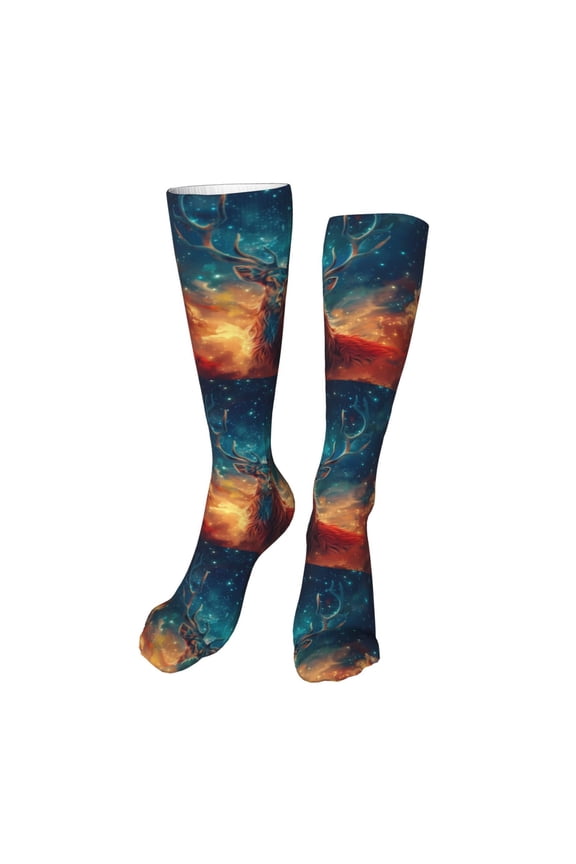 Celestial Stag Cosmic Glow Funny Silky Novelty Funky Long Knee High Socks Soft 3D Print Cosplay Crazy Stockings for Men Women
