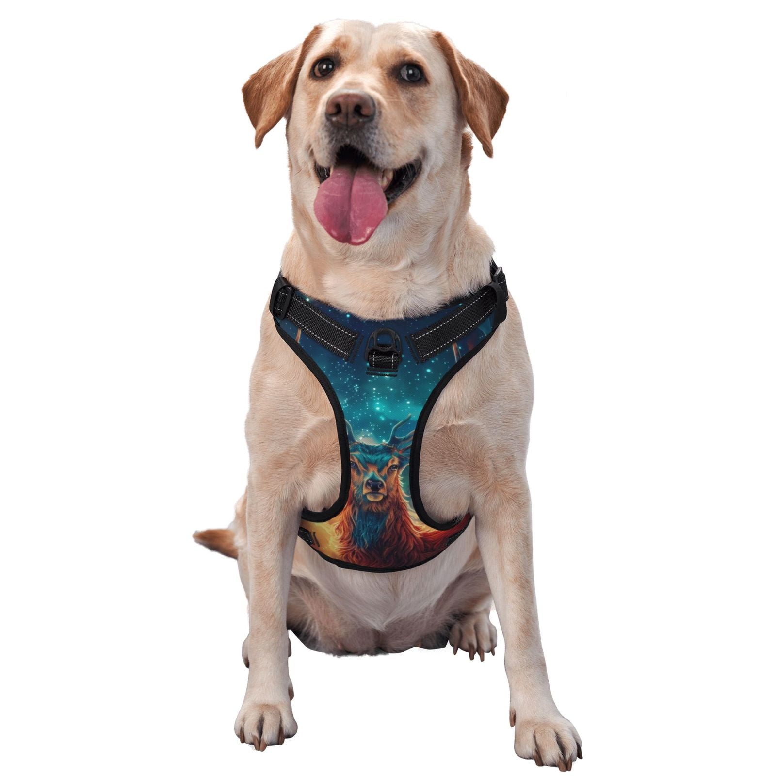 Kdxio Celestial Stag Cosmic Glow Print No Pull Dog Harness Adjustable Reflective Oxford Easy Control Medium Large Dog Harness for Training and Everyday-Large
