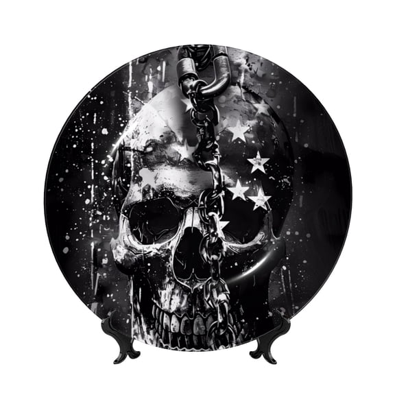 Kdxio Chained Skull Artwork Bone China Decorative Plate Ceramic Decorative Plate for Home Office Wall Stand Decorative Plates for Home Bedroom-6in