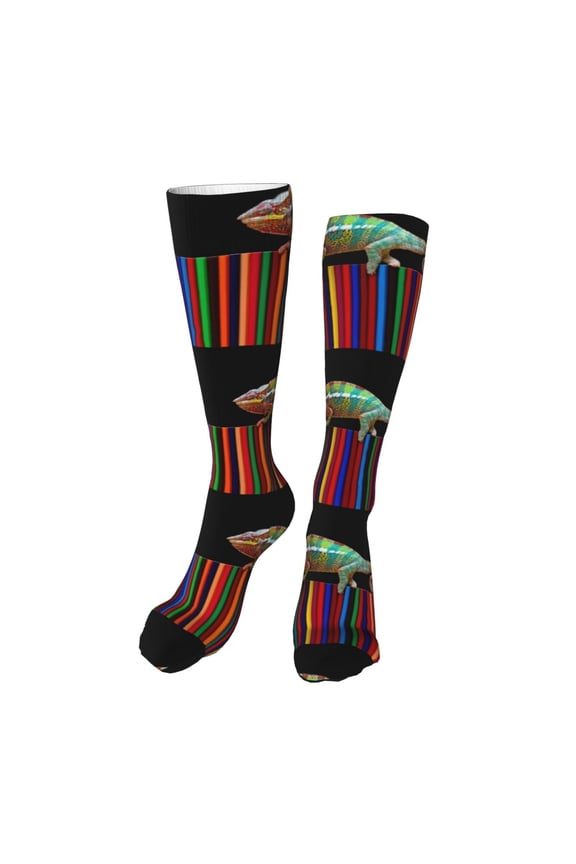 Chameleon Panther On Colored Pencils Funny Silky Novelty Funky Long Knee High Socks Soft 3D Print Cosplay Crazy Stockings for Men Women