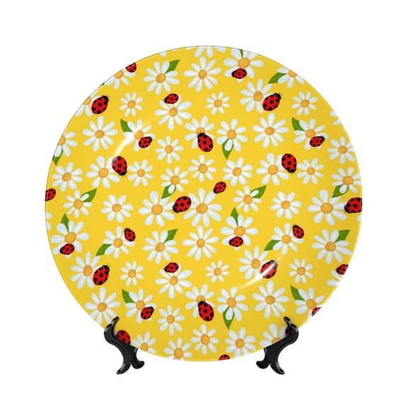 Kdxio Chamomile And Ladybug Bone China Decorative Plate Ceramic Decorative Plate for Home Office Wall Stand Decorative Plates for Home Bedroom-7in