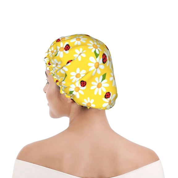 Kdxio Chamomile And Ladybug Print Shower Cap for Women,Elastic and Reusable,Double Waterproof Layers Bathing Hat
