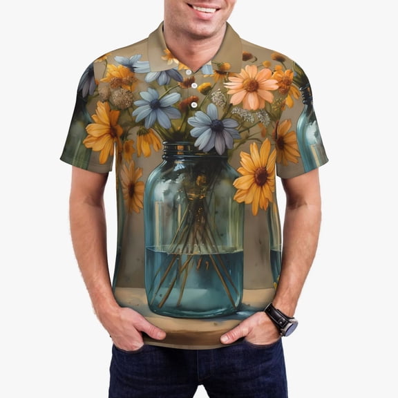 Kdxio Charming Daisy Bouquet Art Print Men's Short Sleeve Polo Shirt,Midweight Men's Shirt-4X-Large