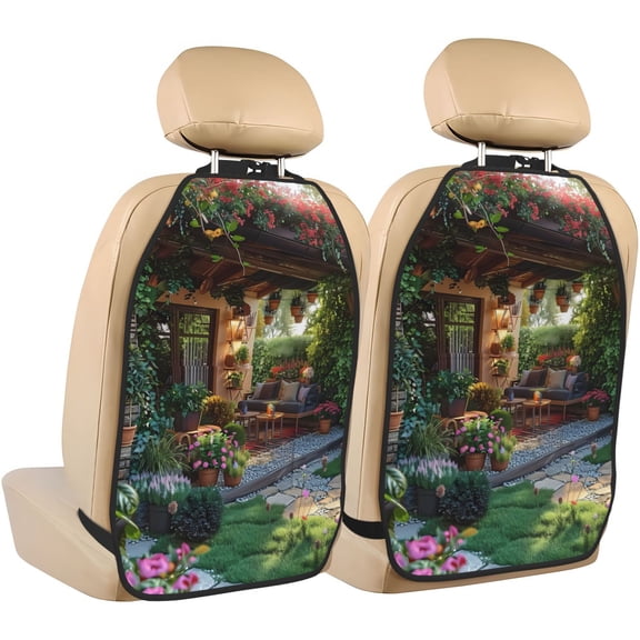Kdxio Charming Garden Patio Print 2 Pack Car Kick Mat Seat Cover Back Protector Mat with Pockets for Organizer Backseat Protector and Storage Anti Kick Pad for Vehicles