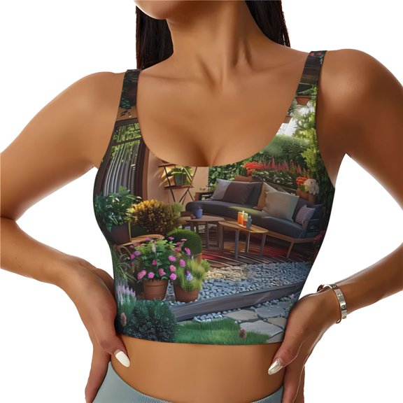 Kdxio Charming Garden Patio Print Workout Crop Tank Top for Women Racerback Yoga Tank Tops Athletic Sports Shirts Exercise Undershirts