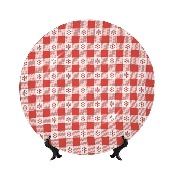Kdxio Checkered Christmas With Snowflakes Bone China Decorative Plate Ceramic Decorative Plate for Home Office Wall Stand Decorative Plates for Home Bedroom-8in
