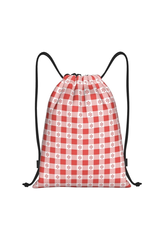 Checkered Christmas With Snowflakes Print Drawstring Backpack Bag,Waterproof Draw String Back Sack, Gym Drawstring Bags Swim Bag For Unisex