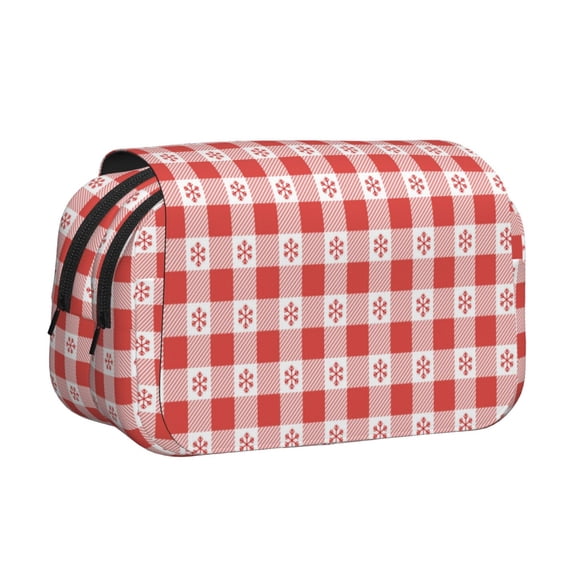 Kdxio Checkered Christmas With Snowflakes for Double Compartment Pen Case Oxford Organizer with Zipper Pockets for Students Artists