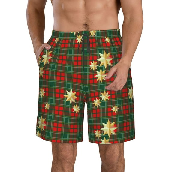Kdxio Checkered With Golden Stars Pattern Mens Casual Shorts - Drawstring Summer Beach Sports Shorts for Men