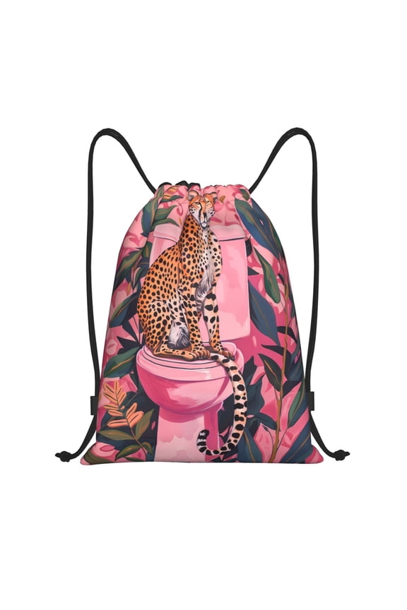 Cheetah On Toilet Humor Art Print Drawstring Backpack Bag,Waterproof Draw String Back Sack, Gym Drawstring Bags Swim Bag For Unisex