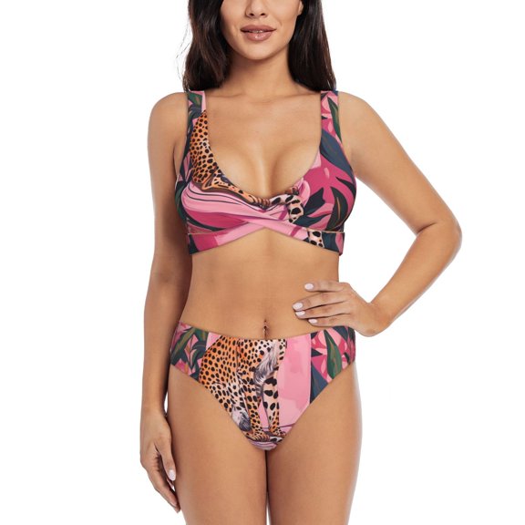 Kdxio Cheetah On Toilet Humor Art Print Women's 2 Piece High Waisted Wrap Spaghetti Strap Summer Swimsuit Bikini Set-Small