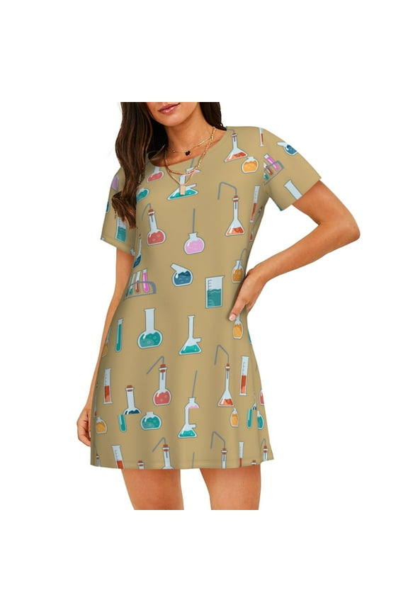 Chemistry Class Pattern Womens Short Sleeve Sleepshirt Scoopneck Cute Nightdress Ruffle Comfy Nightgown