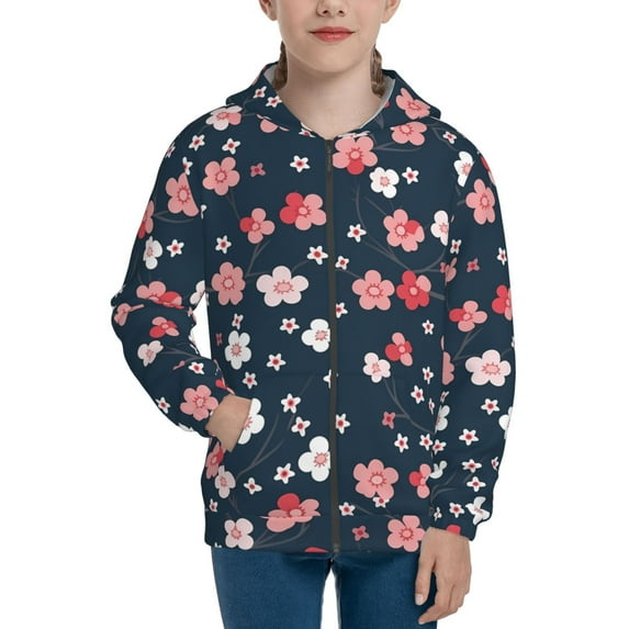 Kdxio Cherry Blossoms Pattern Kids Boys Girls Zip Up Hoodie 3D Printed Hooded Sweatshirt Hoody Coat with Pocket 7-12 Y-Small