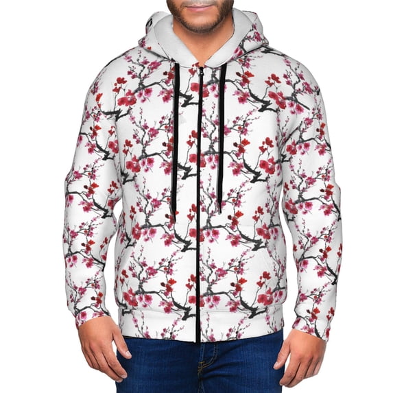 Kdxio Cherry Blossoms Print Men Hoodies Casual Hoodies for Men with Zip Pockets Full Zip Long Sleeve Sweatshirt Sports Hooded Jacket-XX-Large