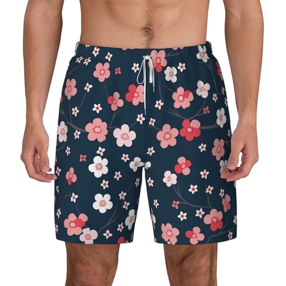 Kdxio Cherry Blossoms Print Men'S Swim Trunks With Compression Liner 7 Inch Inseam Quick Dry Swim Shorts