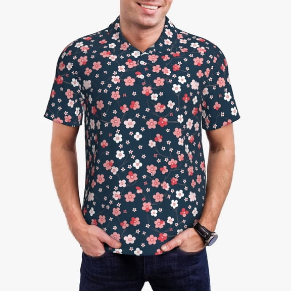 Kdxio Cherry Blossoms Print Men's Short Sleeve Polo Shirt,Midweight Men's Shirt