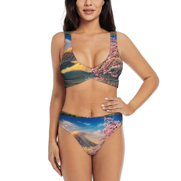 Kdxio Cherry Blossoms Print Women's 2 Piece High Waisted Wrap Spaghetti Strap Summer Swimsuit Bikini Set-Medium