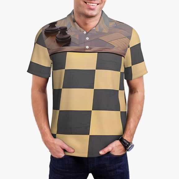 Kdxio Chess Board With Pawns Print Men's Short Sleeve Polo Shirt,Midweight Men's Shirt-X-Large
