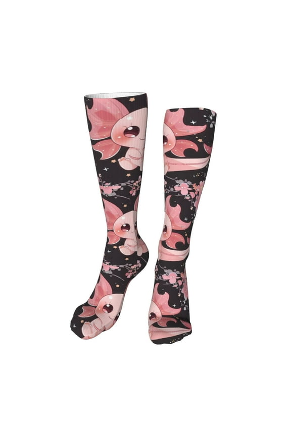 Chibi Axolotl Sakura Fantasy Funny Silky Novelty Funky Long Knee High Socks Soft 3D Print Cosplay Crazy Stockings for Men Women