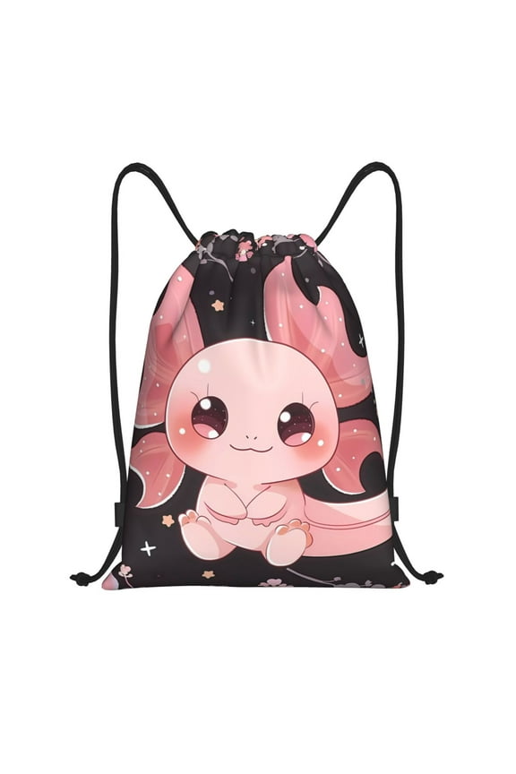 Chibi Axolotl Sakura Fantasy Print Drawstring Backpack Bag,Waterproof Draw String Back Sack, Gym Drawstring Bags Swim Bag For Unisex