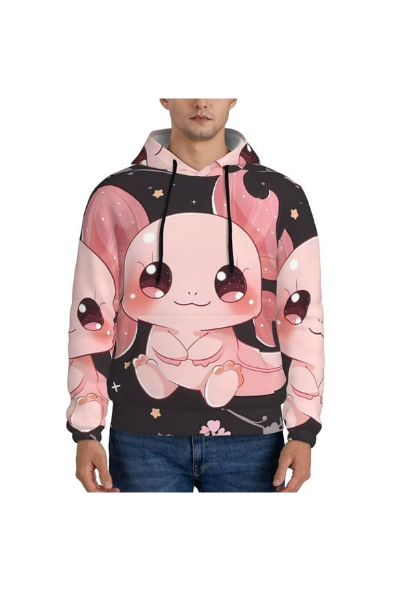 Chibi Axolotl Sakura Fantasy Print Mens Casual Hooded Collar Drawstring Hoodies Pullover Sweatshirts Casual Long Sleeve Shirts-Large