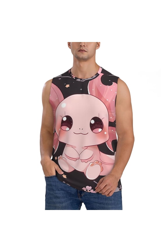 Chibi Axolotl Sakura Fantasy for Men's Muscle T-shirt,Sleeveless for Workout Running Athletic Gym Lounge Casual