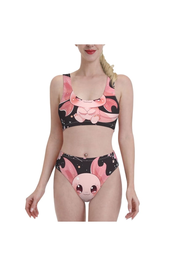 Chibi Axolotl Sakura Fantasy for Womens High Waisted Bikini Top Sports Style Two Piece Bathing Suits
