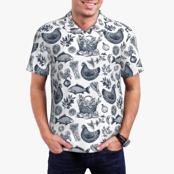 Kdxio Chicken And Fish Print Men's Short Sleeve Polo Shirt,Midweight Men's Shirt