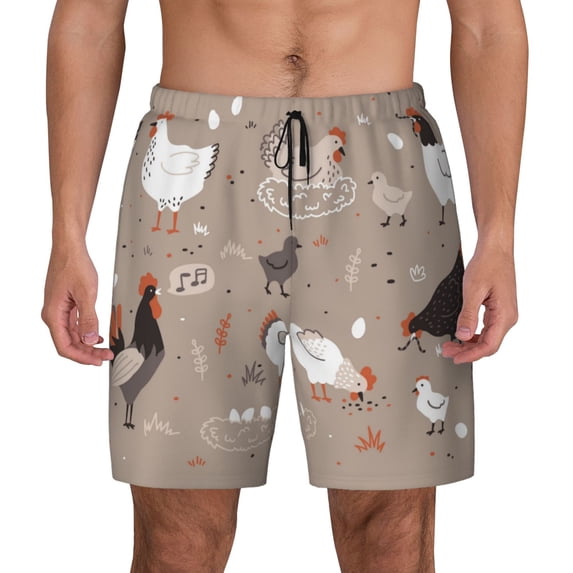 Kdxio Chicken Print Men'S Swim Trunks With Compression Liner 7 Inch Inseam Quick Dry Swim Shorts