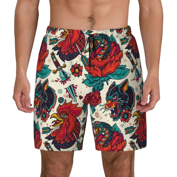 Kdxio Chicken Print Men's Swim Trunks with Compression Liner 7 Inch Inseam Quick Dry Swim Shorts