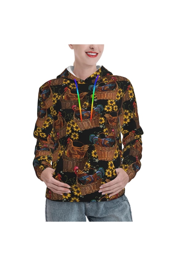 Chicken Rooster Print Womens Oversized Hoodies Sweatshirts Hooded Pullover Tops Sweaters Casual-Medium