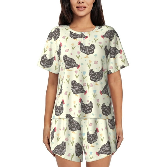 Kdxio Chickens And Flowers Print Pajamas Sets for Women Short-Sleeved Pjs with Lounge Shorts Two Piece Sleepwear S-4XL
