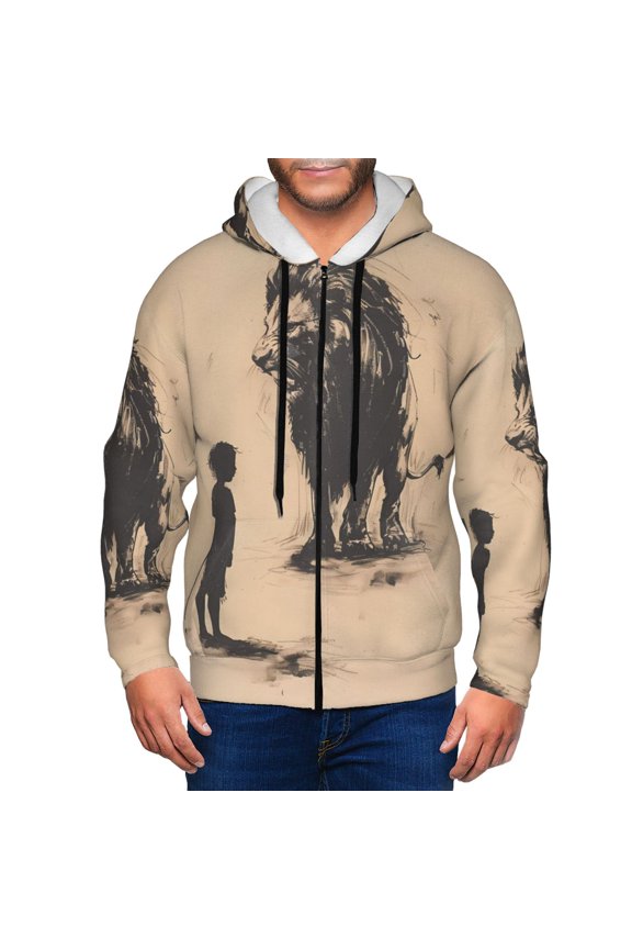 Child And Lion Sketch Print Men Hoodies Casual Hoodies for Men with Zip Pockets Full Zip Long Sleeve Sweatshirt Sports Hooded Jacket-Small