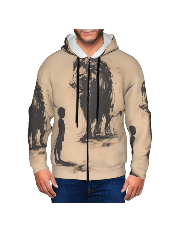 Child And Lion Sketch Print Men Hoodies Casual Hoodies for Men with Zip Pockets Full Zip Long Sleeve Sweatshirt Sports Hooded Jacket-XX-Large