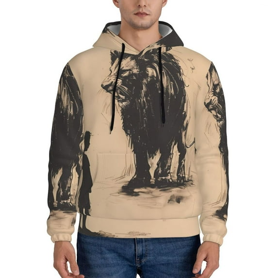 Kdxio Child And Lion Sketch Print Mens Casual Hooded Collar Drawstring Hoodies Pullover Sweatshirts Casual Long Sleeve Shirts-XX-Large