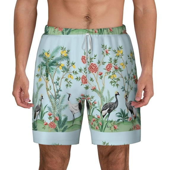 Kdxio Chinoiserie Floral Palm Tree Print Men'S Swim Trunks With Compression Liner 7 Inch Inseam Quick Dry Swim Shorts