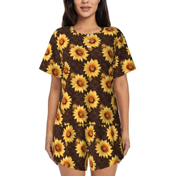 Kdxio Chocolate Plaid Sunflower A Print Pajamas Sets for Women Short-Sleeved Pjs with Lounge Shorts Two Piece Sleepwear S-4XL
