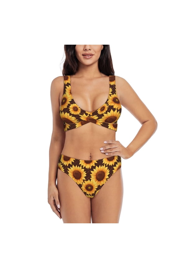 Chocolate Plaid Sunflower Print Women's 2 Piece High Waisted Wrap Spaghetti Strap Summer Swimsuit Bikini Set-XX-Large