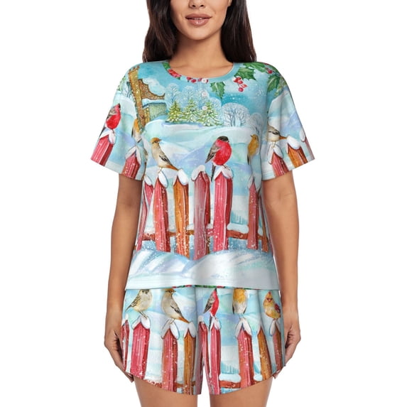 Kdxio Christmas Birds Print Pajamas Sets for Women Short-Sleeved Pjs with Lounge Shorts Two Piece Sleepwear S-4XL