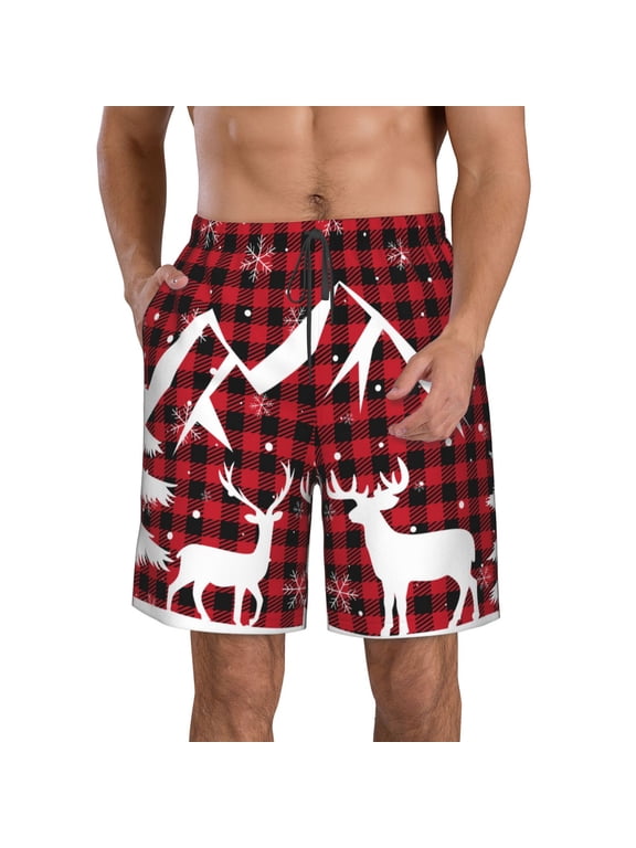 Christmas Buffalo Plaid Pattern Mens Casual Shorts - Drawstring Summer Beach Sports Shorts for Men