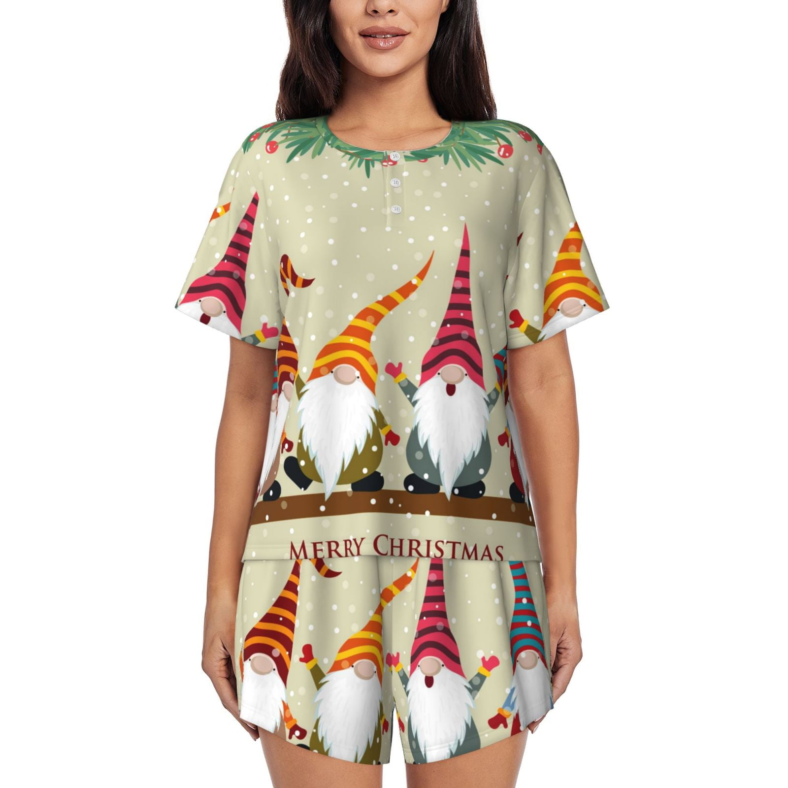 Kdxio Christmas Card With Gnomes Print Pajamas Sets for Women Short ...
