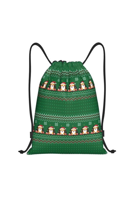 Christmas Corgis Print Drawstring Backpack Bag,Waterproof Draw String Back Sack, Gym Drawstring Bags Swim Bag For Unisex